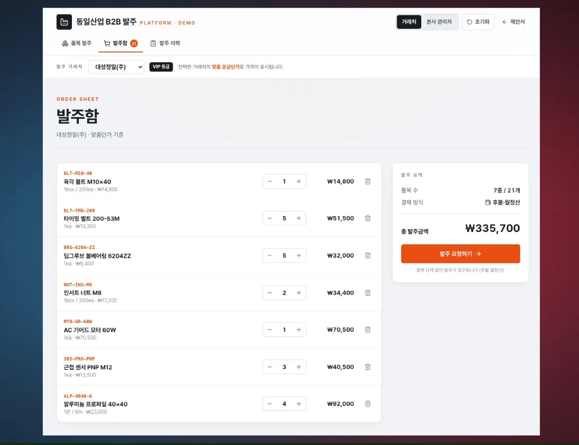 발주함에 담아둔 발주 리스트를 보여주는 화면입니다. 군더더기 없는 심플한 구성으로 구매품목·수량·단가를 한눈에 확인하고, 수량을 바로 조정하거나 총 발주금액까지 확인한 뒤 발주를 본사에 요청합니다.